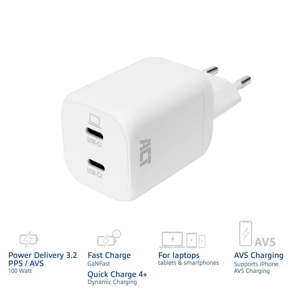 ACT AC2175 | 100W USB-C-lader | 2× USB-C | Power Delivery 3.2 | PPS & AVS | GaNFast - foto 2