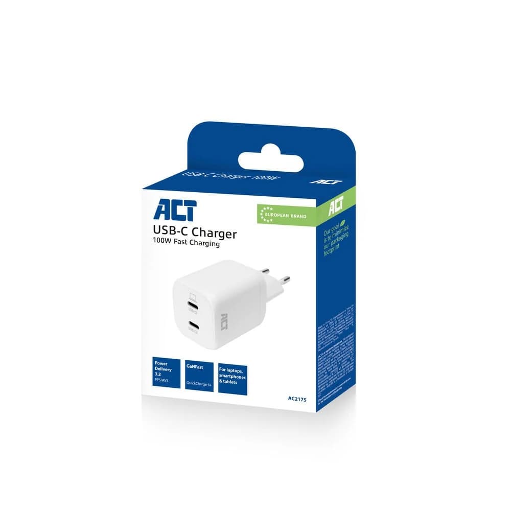 ACT AC2175 | 100W USB-C-lader | 2× USB-C | Power Delivery 3.2 | PPS & AVS | GaNFast - foto 9