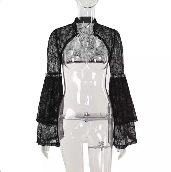 Slim-fit top met opstaande kraag en klokmouwen in zwart