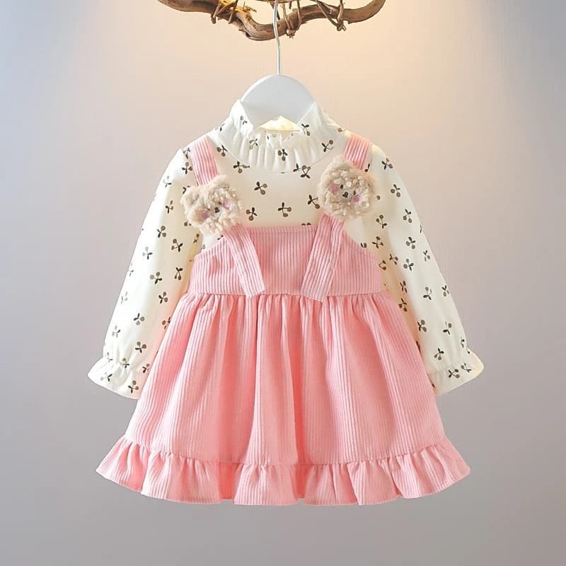 Meisjesjurk met kersen en beer, roze