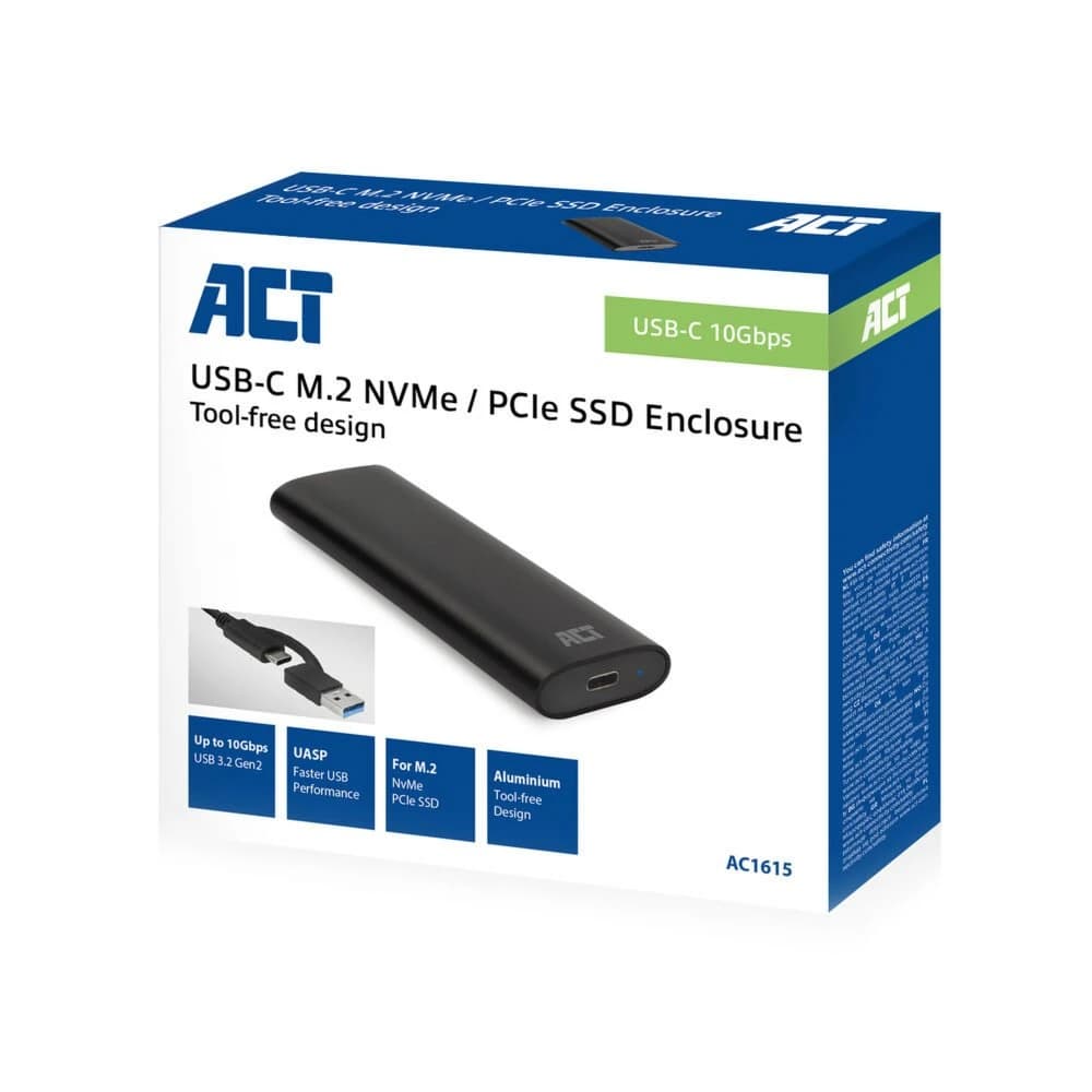 ACT AC1615 USB-C M.2 NVMe/PCIe SSD Behuizing - Tool-Free - Aluminium - USB 3.2 Gen2 (10 Gbps) - foto 10
